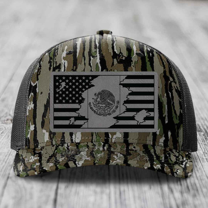 American Mexican Flag - Leather Patch Hat - Grey to Black Patch - Richardson 112PFP Snapback Trucker Hat