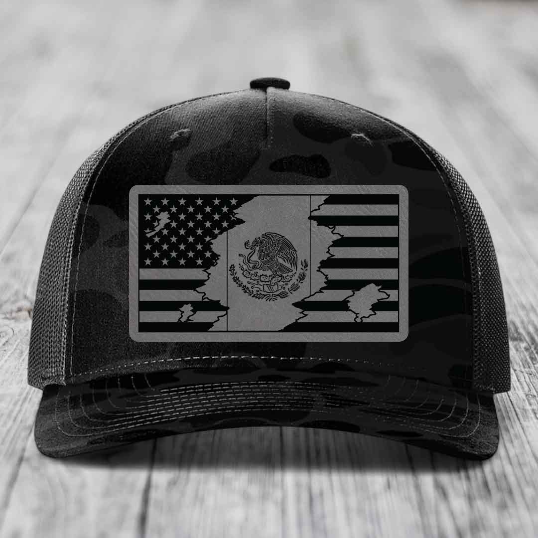 American Mexican Flag - Leather Patch Hat - Grey to Black Patch - Richardson 112PFP Snapback Trucker Hat