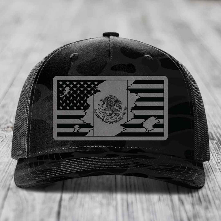 American Mexican Flag - Leather Patch Hat - Grey to Black Patch - Richardson 112PFP Snapback Trucker Hat