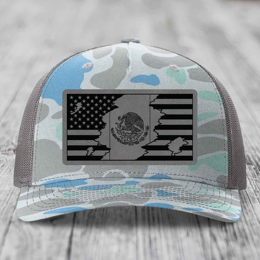American Mexican Flag - Leather Patch Hat - Grey to Black Patch - Richardson 112PFP Snapback Trucker Hat