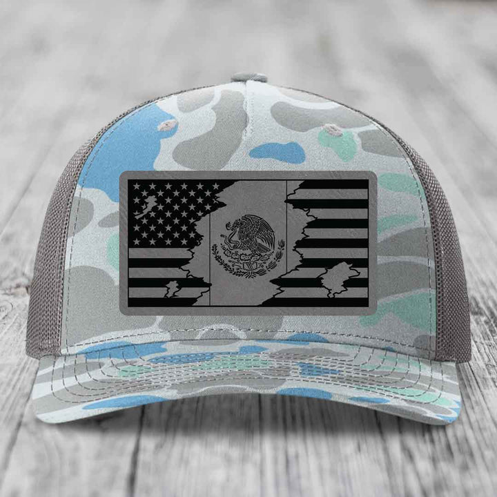American Mexican Flag - Leather Patch Hat - Grey to Black Patch - Richardson 112PFP Snapback Trucker Hat
