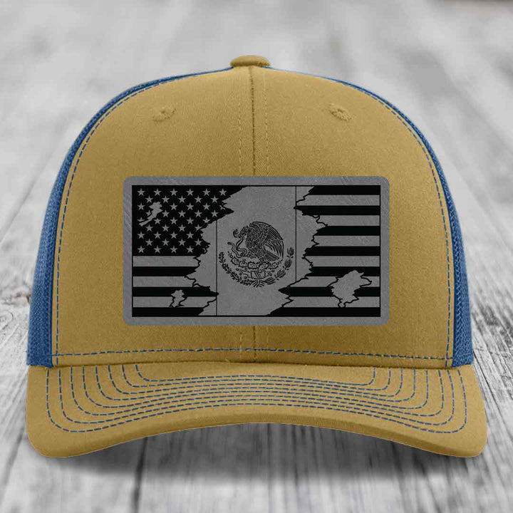 American Mexican Flag - Leather Patch Hat - Grey to Black Patch - Richardson 112 Snapback Trucker Hat