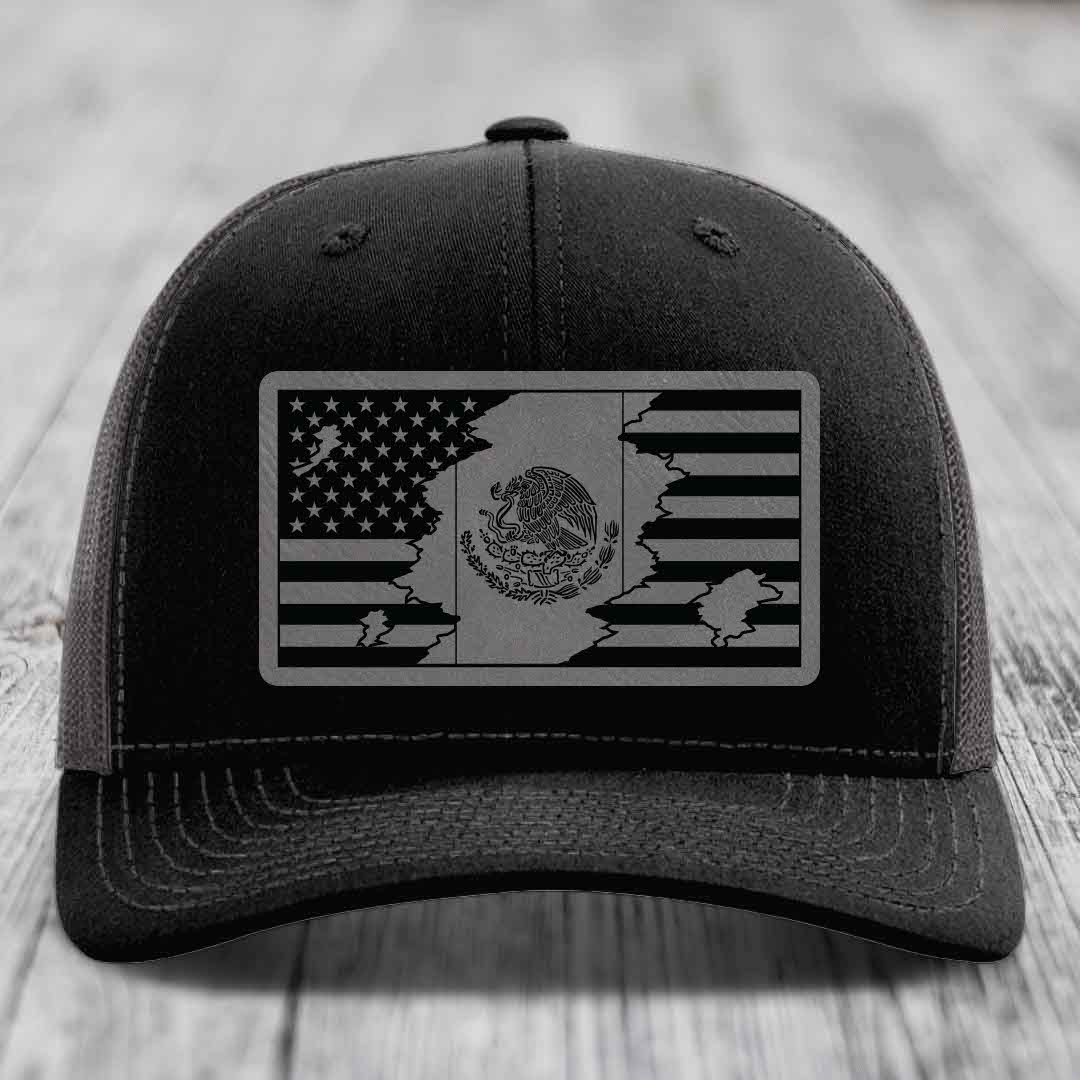 American Mexican Flag - Leather Patch Hat - Grey to Black Patch - Richardson 112 Snapback Trucker Hat