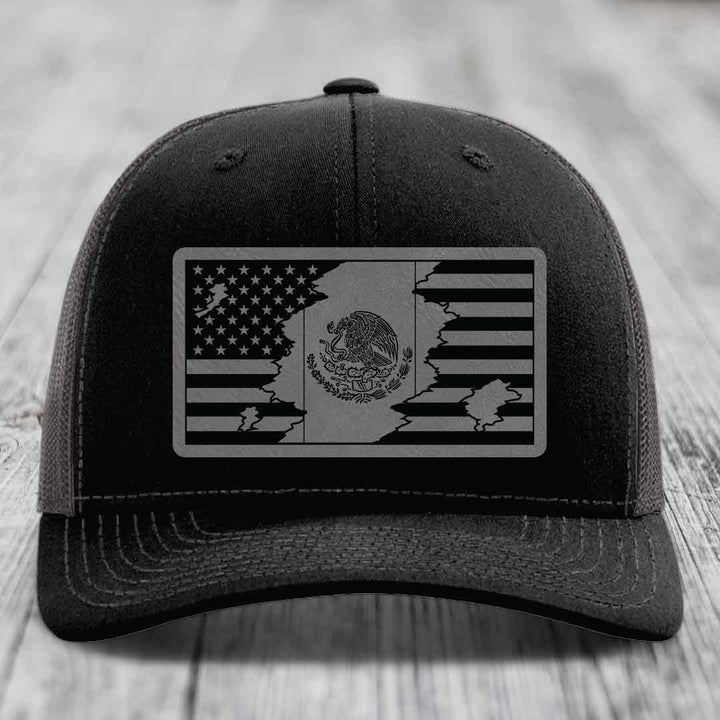 American Mexican Flag - Leather Patch Hat - Grey to Black Patch - Richardson 112 Snapback Trucker Hat