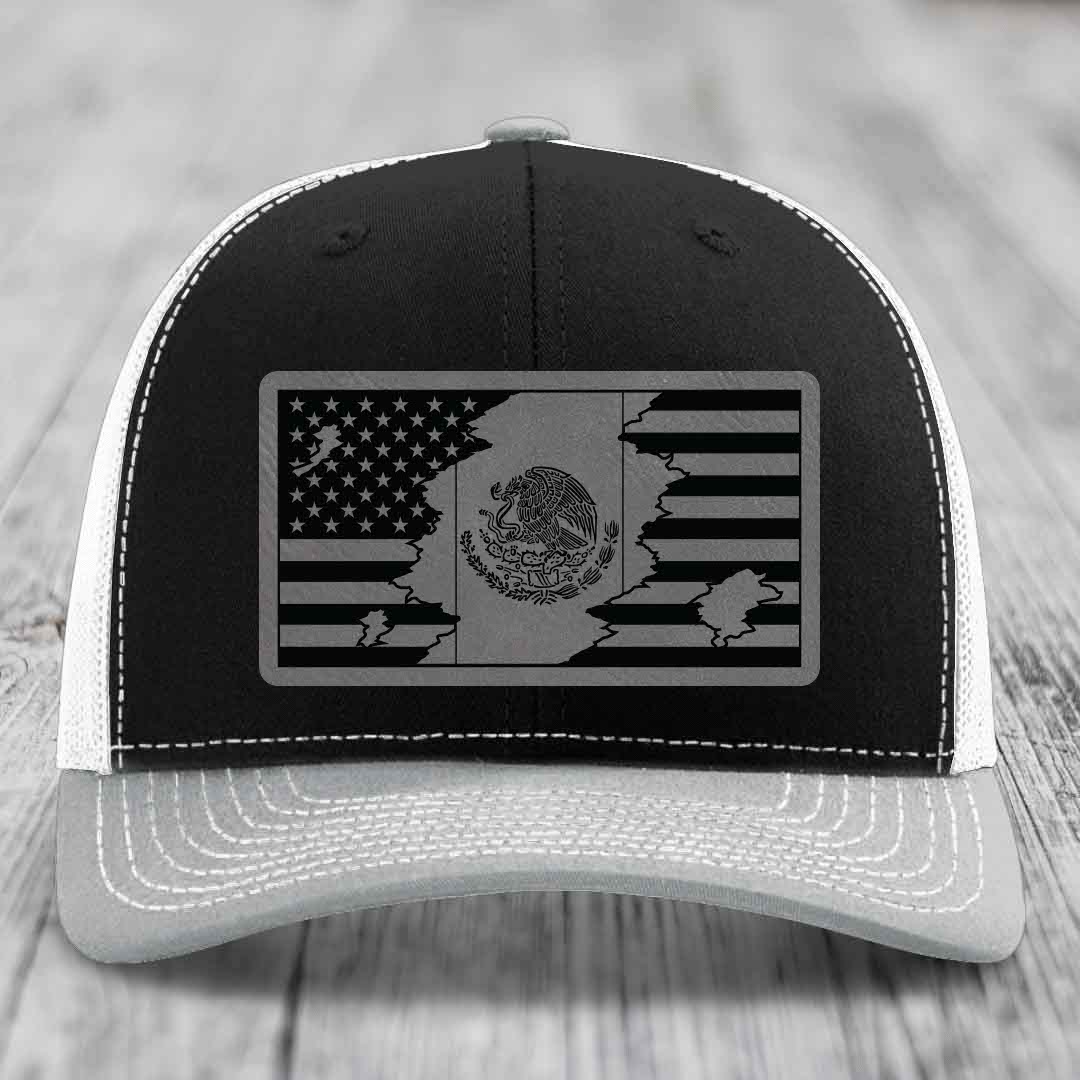 American Mexican Flag - Leather Patch Hat - Grey to Black Patch - Richardson 112 Snapback Trucker Hat