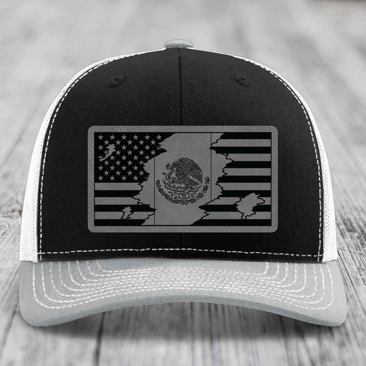 American Mexican Flag - Leather Patch Hat - Grey to Black Patch - Richardson 112 Snapback Trucker Hat