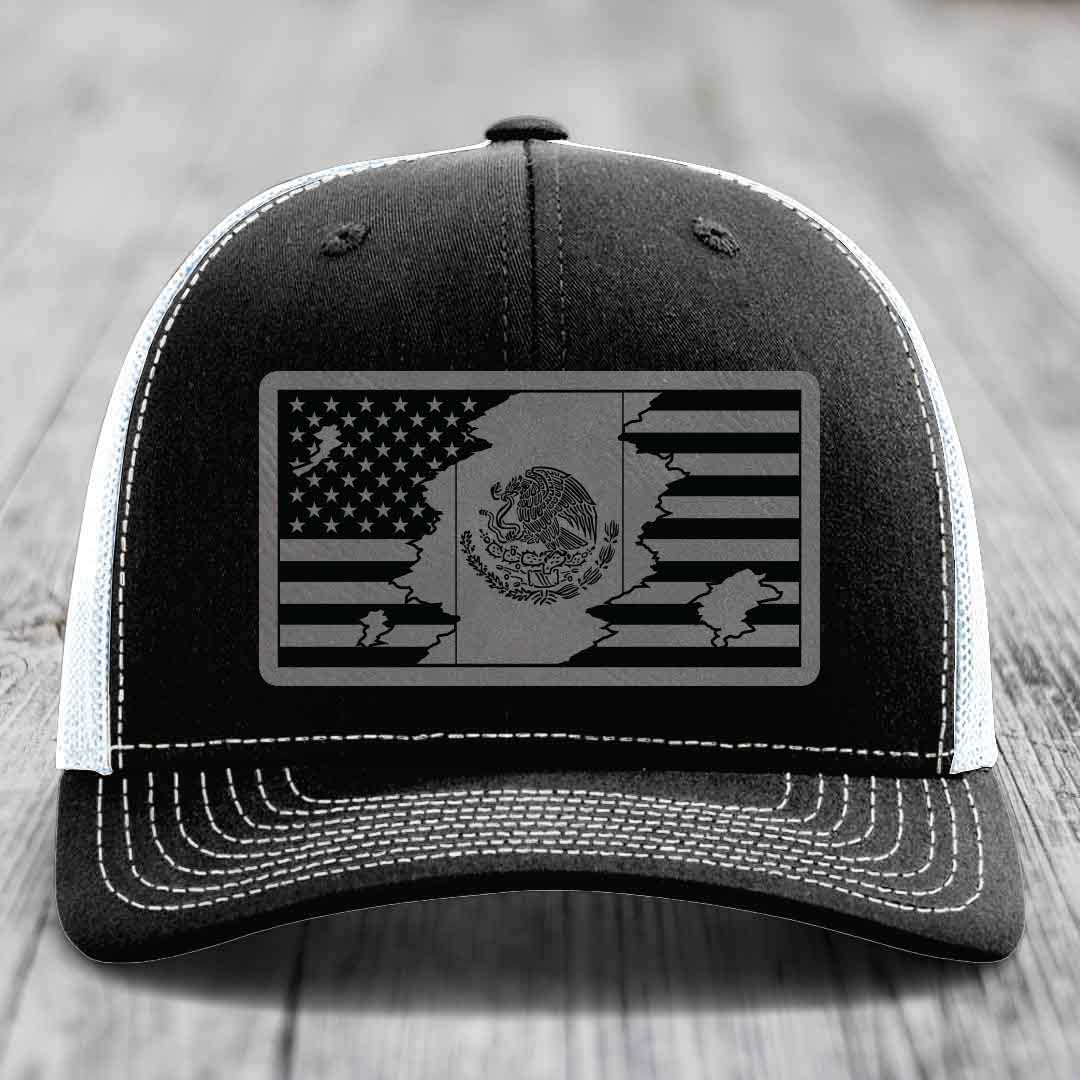 American Mexican Flag - Leather Patch Hat - Grey to Black Patch - Richardson 112 Snapback Trucker Hat