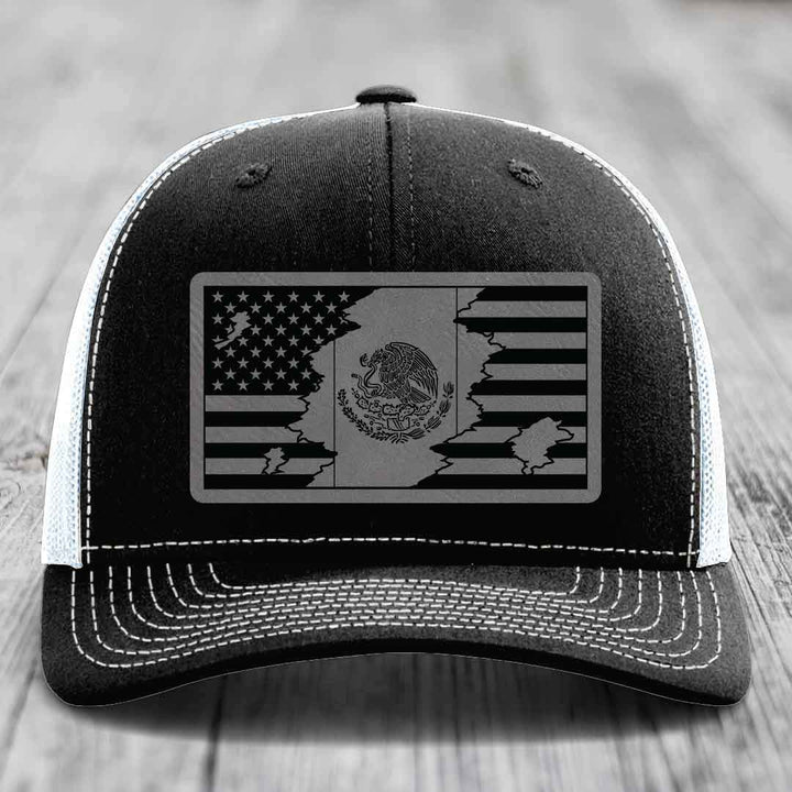 American Mexican Flag - Leather Patch Hat - Grey to Black Patch - Richardson 112 Snapback Trucker Hat