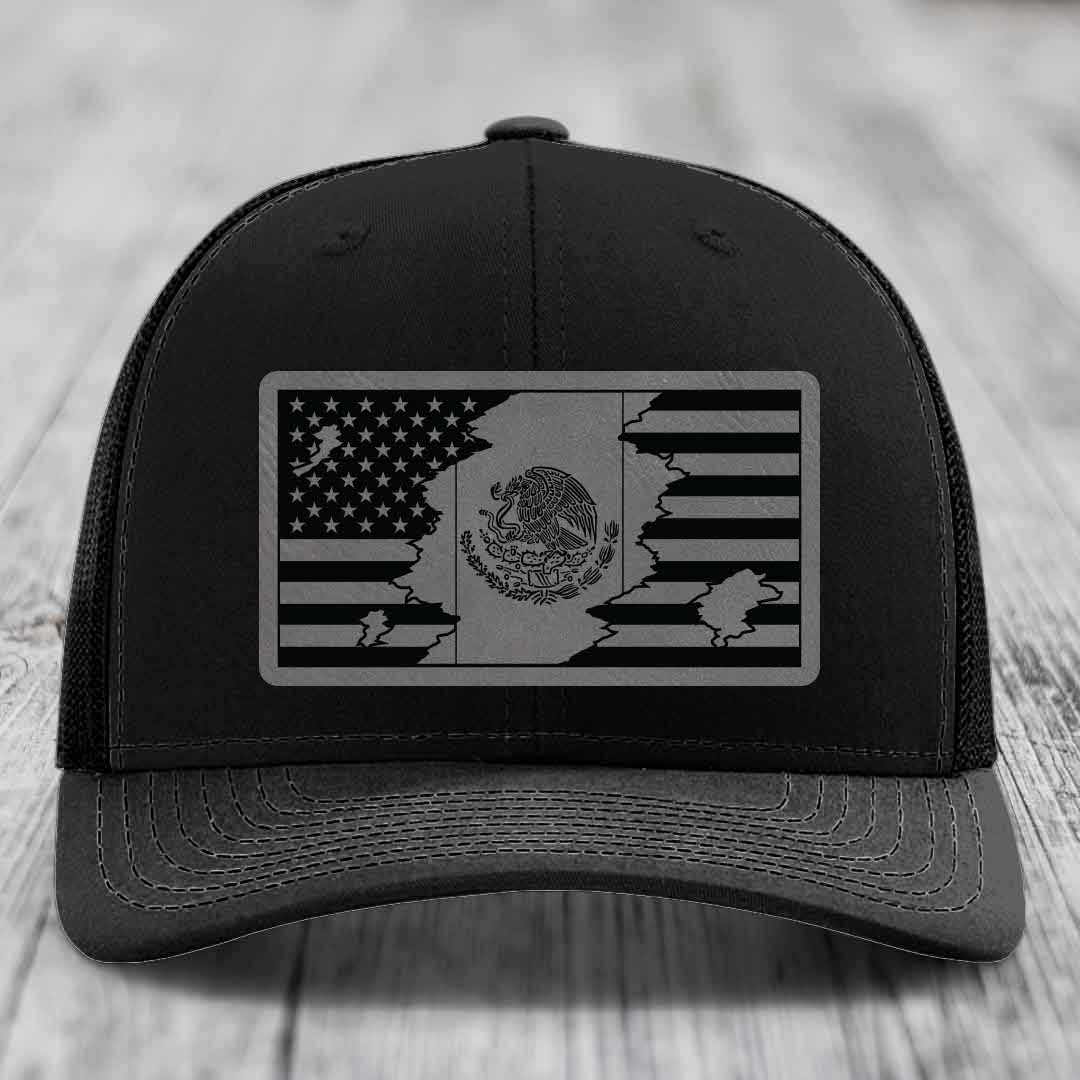 American Mexican Flag - Leather Patch Hat - Grey to Black Patch - Richardson 112 Snapback Trucker Hat