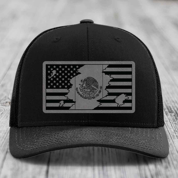 American Mexican Flag - Leather Patch Hat - Grey to Black Patch - Richardson 112 Snapback Trucker Hat