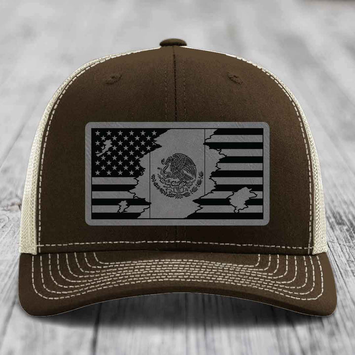 American Mexican Flag - Leather Patch Hat - Grey to Black Patch - Richardson 112 Snapback Trucker Hat