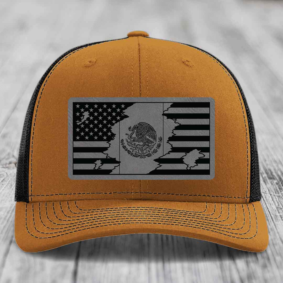 American Mexican Flag - Leather Patch Hat - Grey to Black Patch - Richardson 112 Snapback Trucker Hat