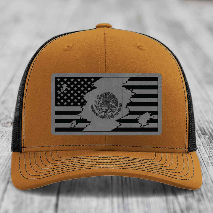 American Mexican Flag - Leather Patch Hat - Grey to Black Patch - Richardson 112 Snapback Trucker Hat