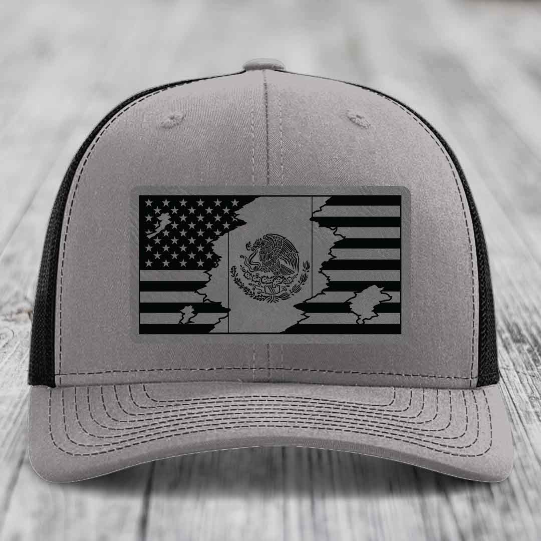 American Mexican Flag - Leather Patch Hat - Grey to Black Patch - Richardson 112 Snapback Trucker Hat