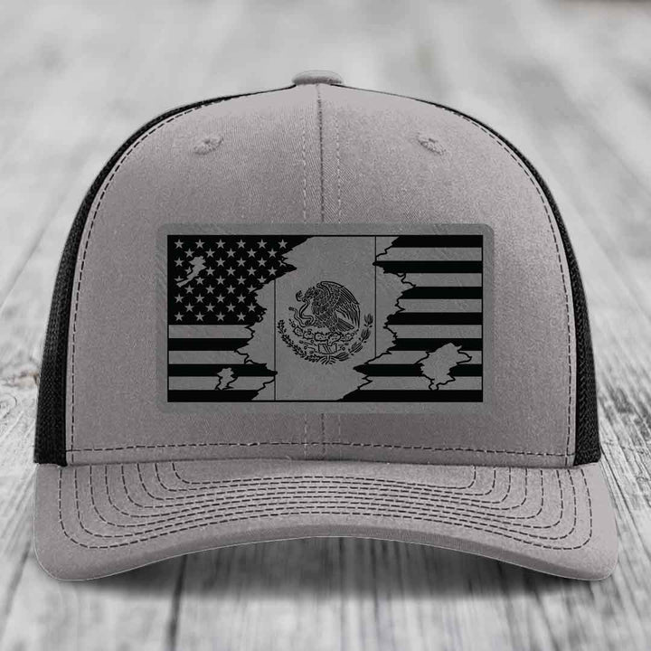 American Mexican Flag - Leather Patch Hat - Grey to Black Patch - Richardson 112 Snapback Trucker Hat