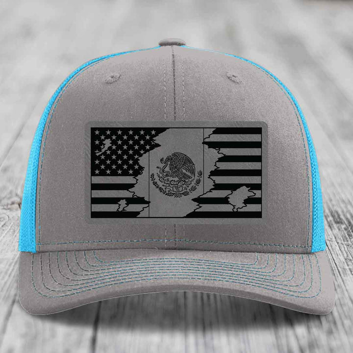 American Mexican Flag - Leather Patch Hat - Grey to Black Patch - Richardson 112 Snapback Trucker Hat