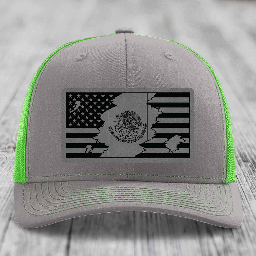 American Mexican Flag - Leather Patch Hat - Grey to Black Patch - Richardson 112 Snapback Trucker Hat