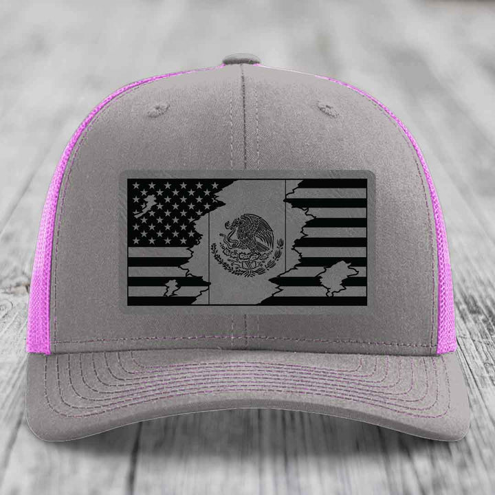 American Mexican Flag - Leather Patch Hat - Grey to Black Patch - Richardson 112 Snapback Trucker Hat