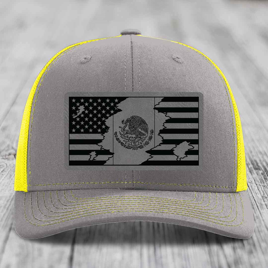 American Mexican Flag - Leather Patch Hat - Grey to Black Patch - Richardson 112 Snapback Trucker Hat