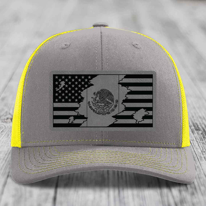 American Mexican Flag - Leather Patch Hat - Grey to Black Patch - Richardson 112 Snapback Trucker Hat