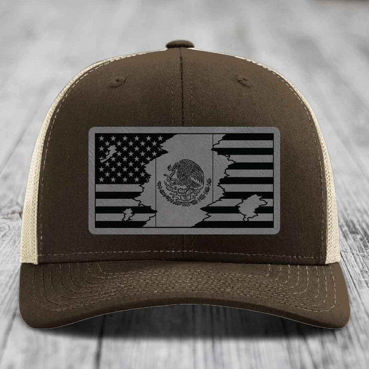 Brown trucker hat with black and white American and Mexican flag patch on front.