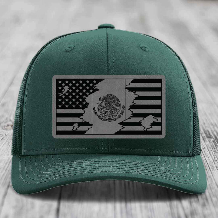 American Mexican Flag - Leather Patch Hat - Grey to Black Patch - Richardson 112 Snapback Trucker Hat