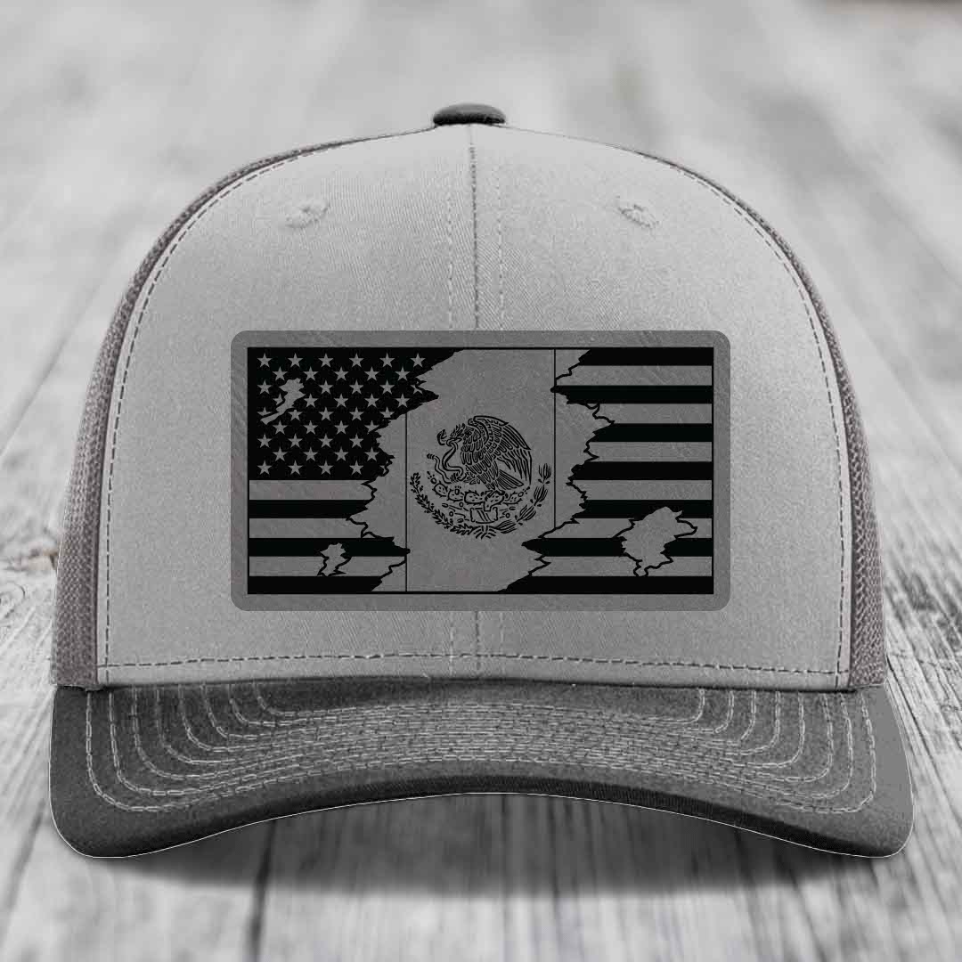 American Mexican Flag - Leather Patch Hat - Grey to Black Patch - Richardson 112 Snapback Trucker Hat