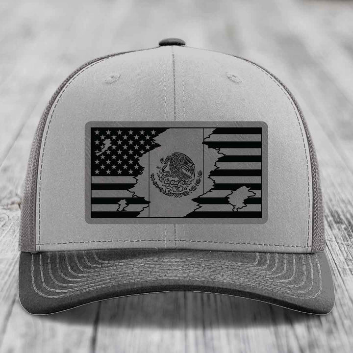 American Mexican Flag - Leather Patch Hat - Grey to Black Patch - Richardson 112 Snapback Trucker Hat