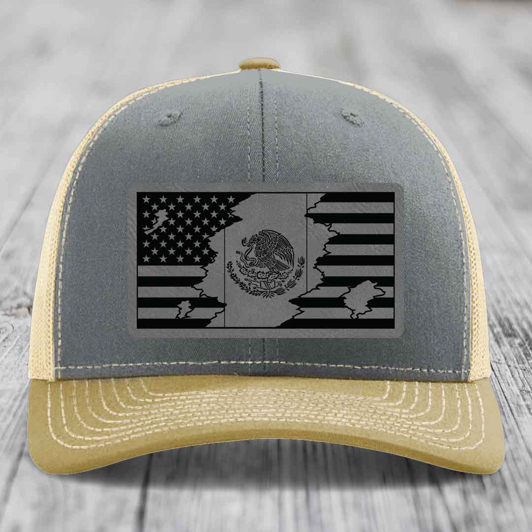 American Mexican Flag - Leather Patch Hat - Grey to Black Patch - Richardson 112 Snapback Trucker Hat