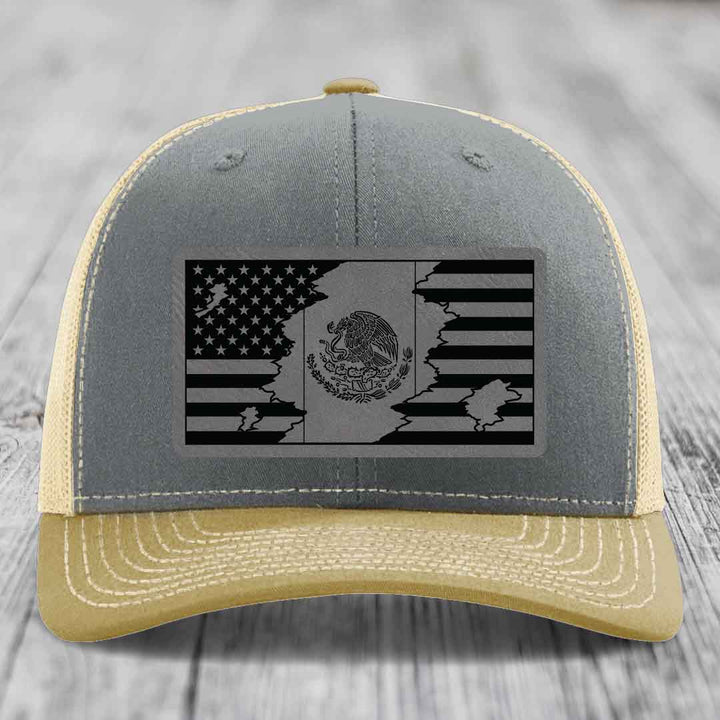 American Mexican Flag - Leather Patch Hat - Grey to Black Patch - Richardson 112 Snapback Trucker Hat