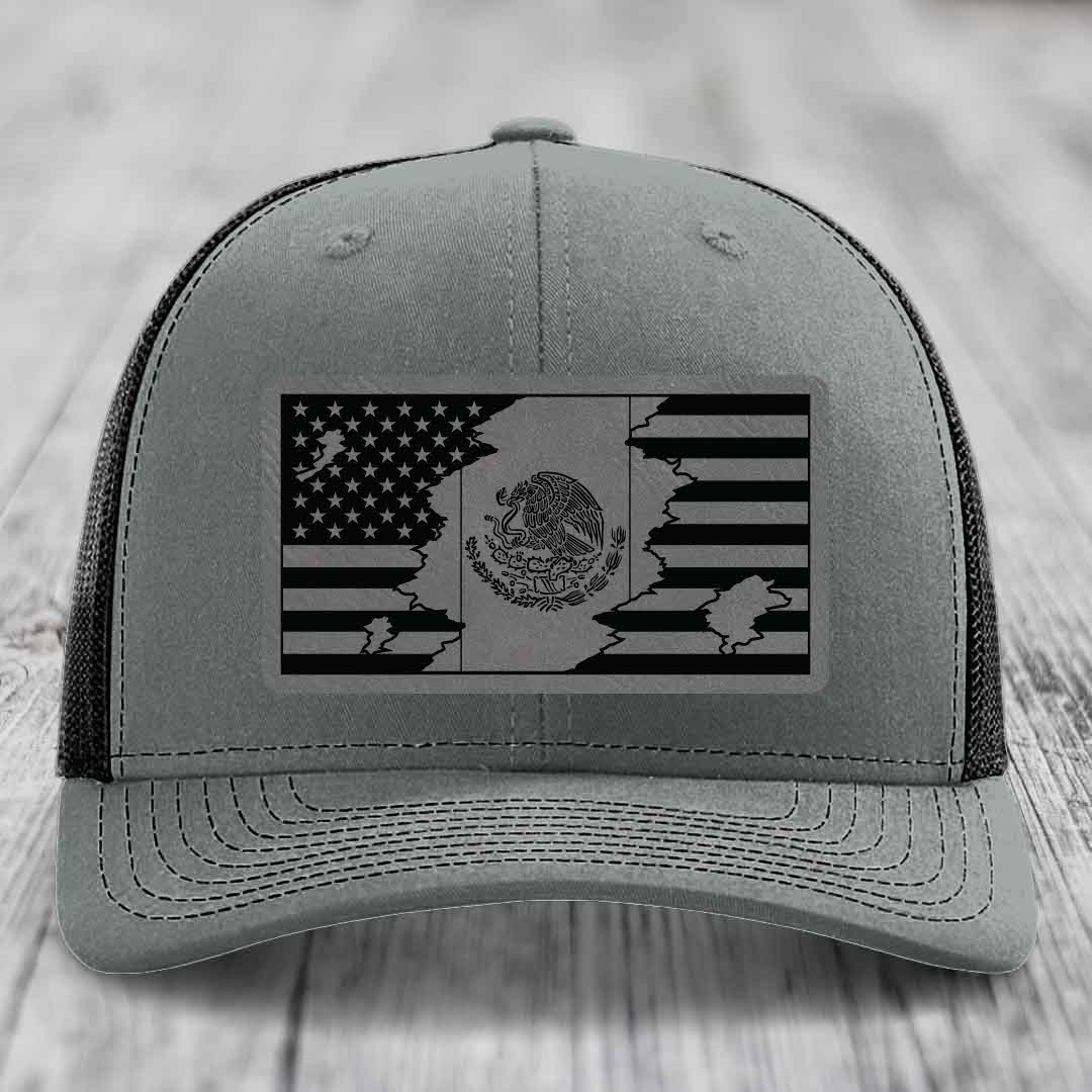 American Mexican Flag - Leather Patch Hat - Grey to Black Patch - Richardson 112 Snapback Trucker Hat