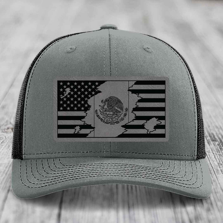 American Mexican Flag - Leather Patch Hat - Grey to Black Patch - Richardson 112 Snapback Trucker Hat