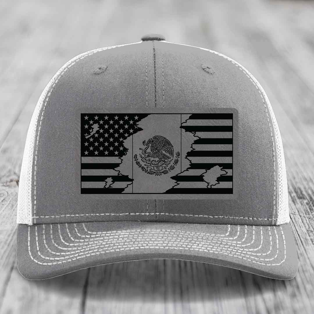 American Mexican Flag - Leather Patch Hat - Grey to Black Patch - Richardson 112 Snapback Trucker Hat