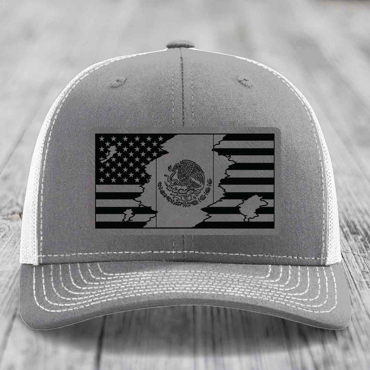 American Mexican Flag - Leather Patch Hat - Grey to Black Patch - Richardson 112 Snapback Trucker Hat