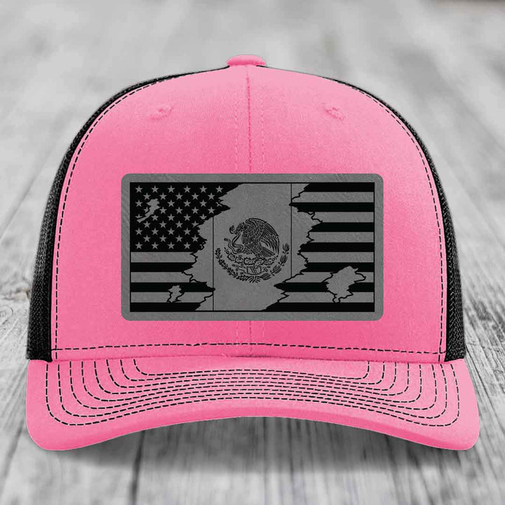 American Mexican Flag - Leather Patch Hat - Grey to Black Patch - Richardson 112 Snapback Trucker Hat