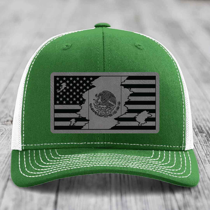 American Mexican Flag - Leather Patch Hat - Grey to Black Patch - Richardson 112 Snapback Trucker Hat
