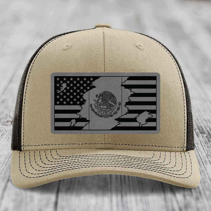 American Mexican Flag - Leather Patch Hat - Grey to Black Patch - Richardson 112 Snapback Trucker Hat