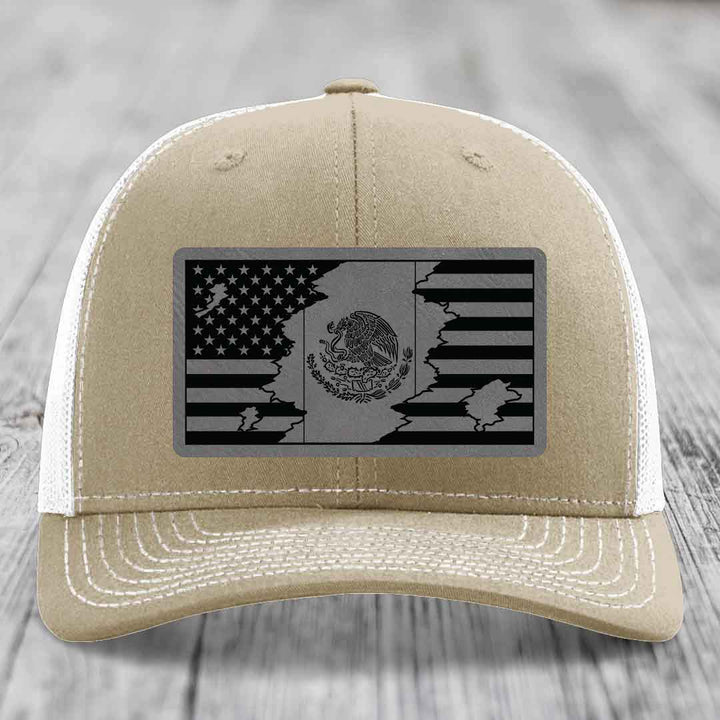 American Mexican Flag - Leather Patch Hat - Grey to Black Patch - Richardson 112 Snapback Trucker Hat