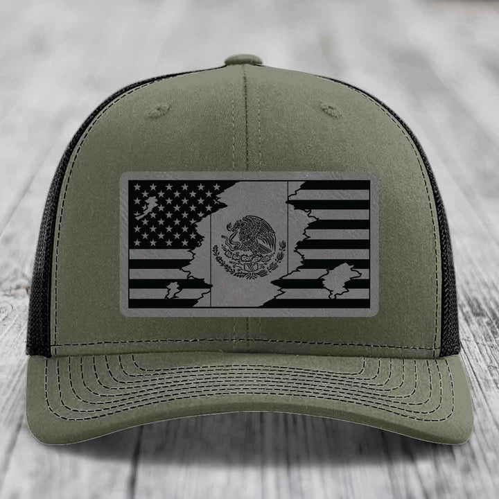 American Mexican Flag - Leather Patch Hat - Grey to Black Patch - Richardson 112 Snapback Trucker Hat
