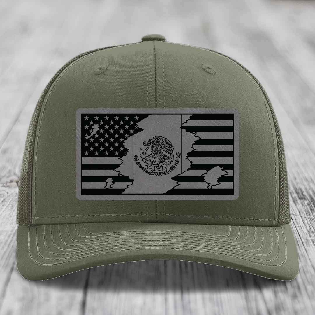 American Mexican Flag - Leather Patch Hat - Grey to Black Patch - Richardson 112 Snapback Trucker Hat