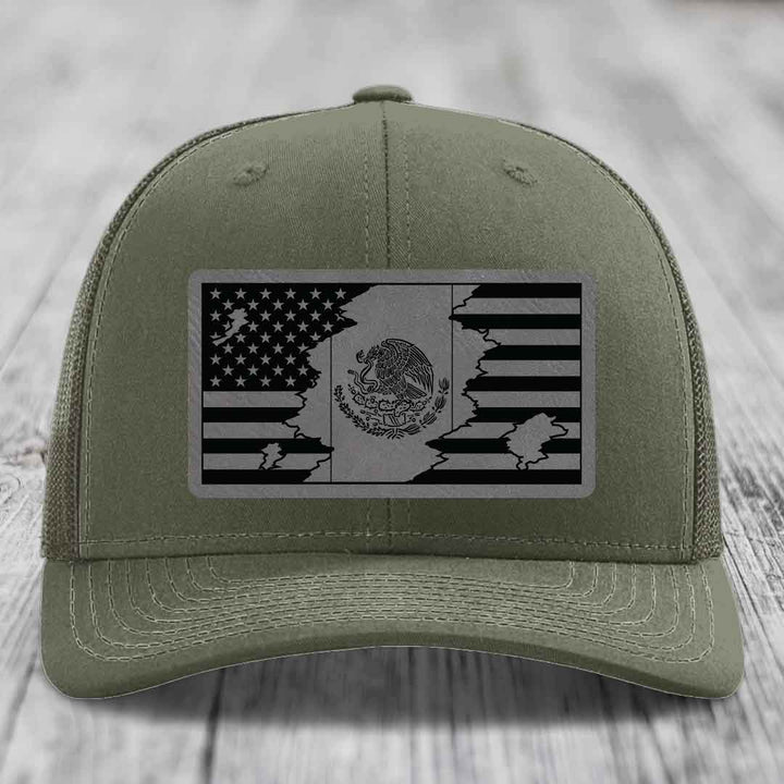 American Mexican Flag - Leather Patch Hat - Grey to Black Patch - Richardson 112 Snapback Trucker Hat