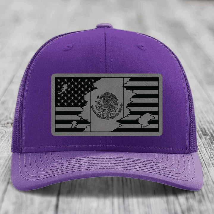 American Mexican Flag - Leather Patch Hat - Grey to Black Patch - Richardson 112 Snapback Trucker Hat