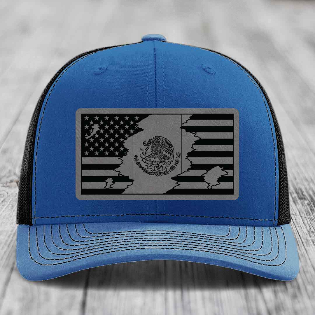 American Mexican Flag - Leather Patch Hat - Grey to Black Patch - Richardson 112 Snapback Trucker Hat