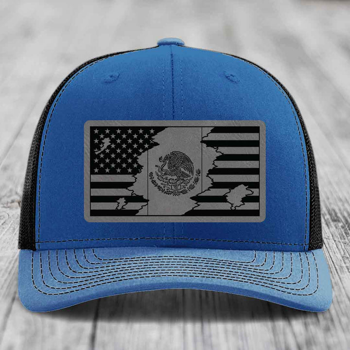 American Mexican Flag - Leather Patch Hat - Grey to Black Patch - Richardson 112 Snapback Trucker Hat