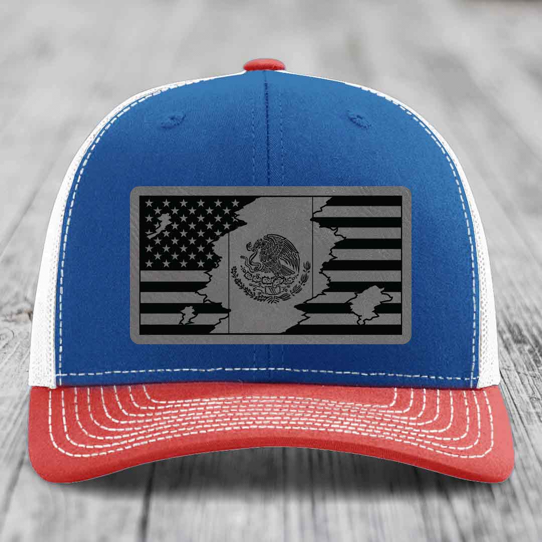 American Mexican Flag - Leather Patch Hat - Grey to Black Patch - Richardson 112 Snapback Trucker Hat