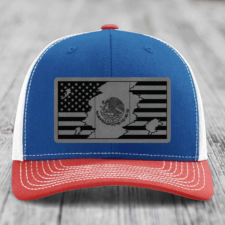 American Mexican Flag - Leather Patch Hat - Grey to Black Patch - Richardson 112 Snapback Trucker Hat