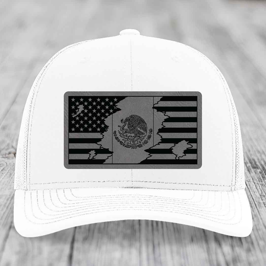 American Mexican Flag - Leather Patch Hat - Grey to Black Patch - Richardson 112 Snapback Trucker Hat