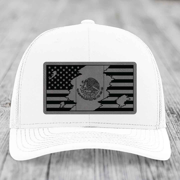 American Mexican Flag - Leather Patch Hat - Grey to Black Patch - Richardson 112 Snapback Trucker Hat