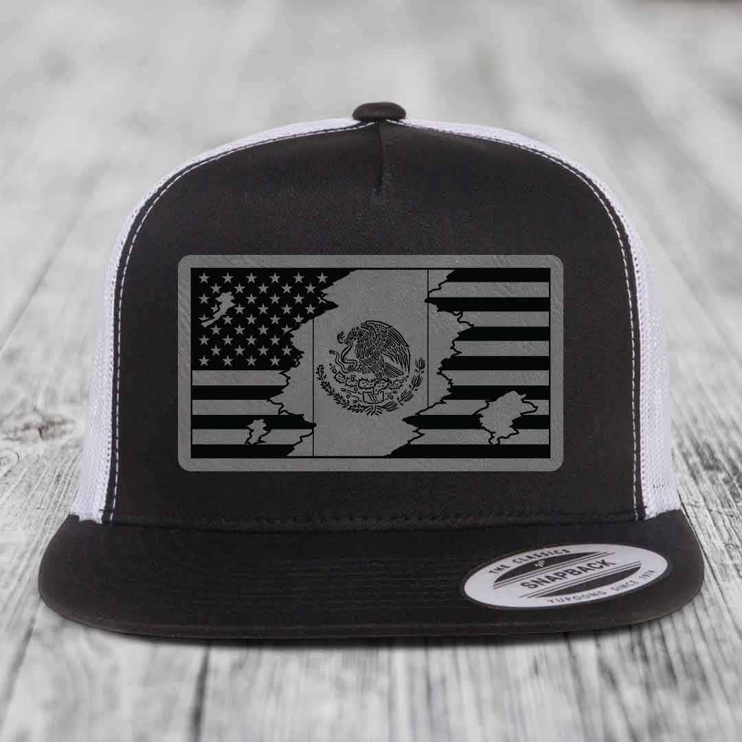American Mexican Flag - Leather Patch Hat - Grey to Black Patch - Yupoong 6006 Snapback Flatbill Hat