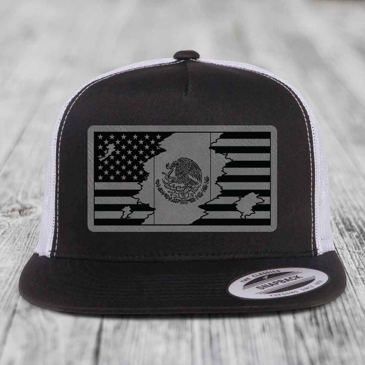 American Mexican Flag - Leather Patch Hat - Grey to Black Patch - Yupoong 6006 Snapback Flatbill Hat